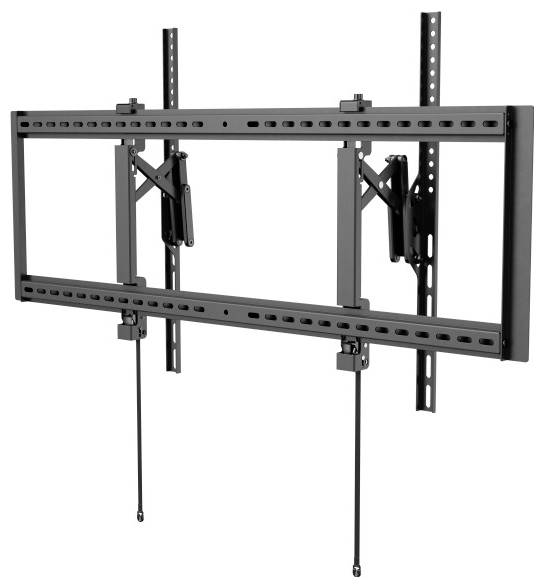 Eine Metall-Wandhalterung für Fernseher mit verstellbaren Armen und vertikalen Stützstangen, die zum sicheren Halten eines großen Flachbildfernsehers konzipiert ist.