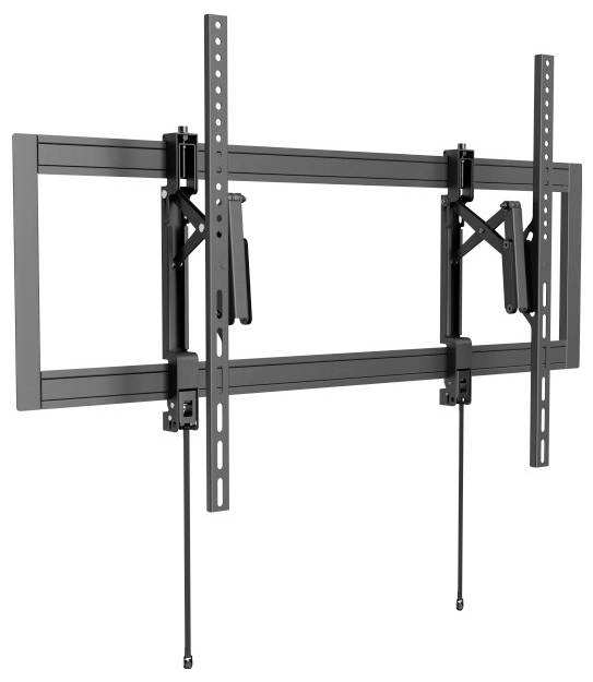 Flachbildfernseh-Wandhalterung mit verstellbaren Halterungen und Stützarmen, konzipiert für verschiedene Bildschirmgrößen. Schwarze Metallkonstruktion.