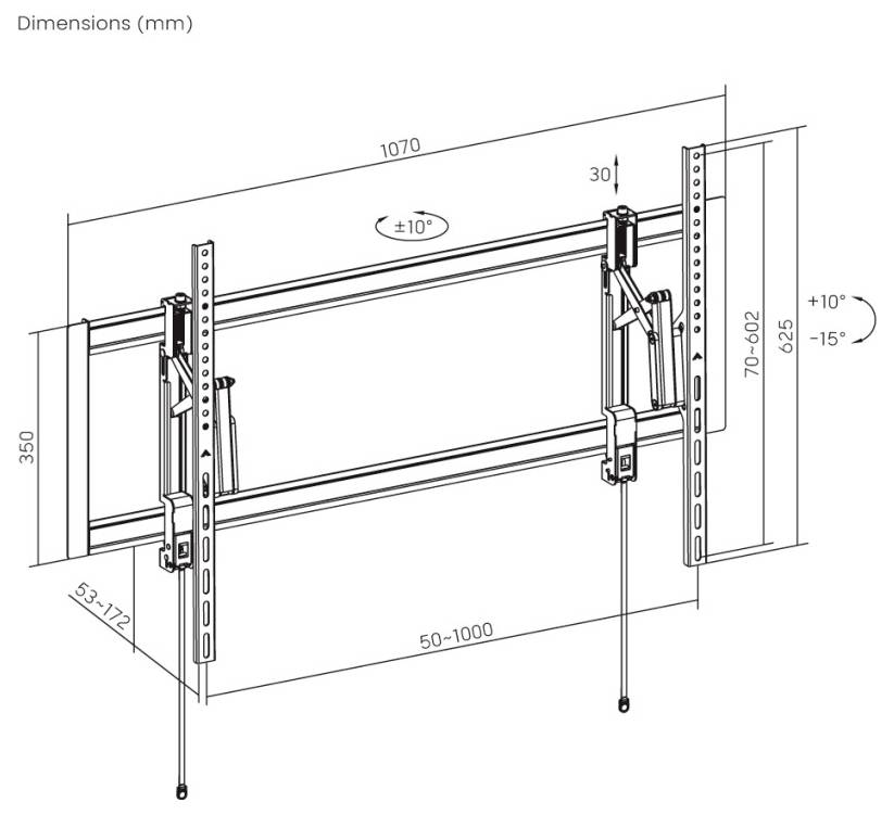 Technisches Diagramm mit den Abmessungen einer Montagehalterung: 1070 mm Breite, verstellbar von 50–1000 mm, vertikale Länge 350 mm und Neigungswinkel von ±10°.