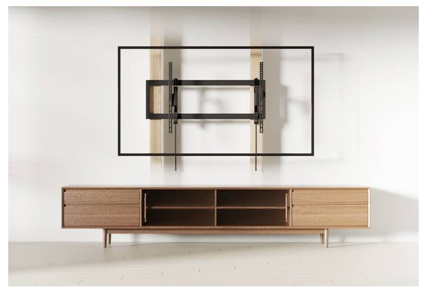 TV-Befestigungsanlage mit einer Holzkonsole darunter, ausgestattet mit verstellbaren Wandhalterungen und leeren Regalen.