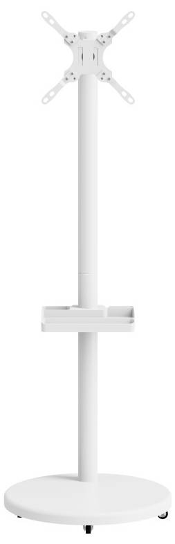 Ein weißer Fernsehständer mit flacher Basis, höhenverstellbarem Ständer, Montageklammer und einem kleinen Regal für Zubehör.