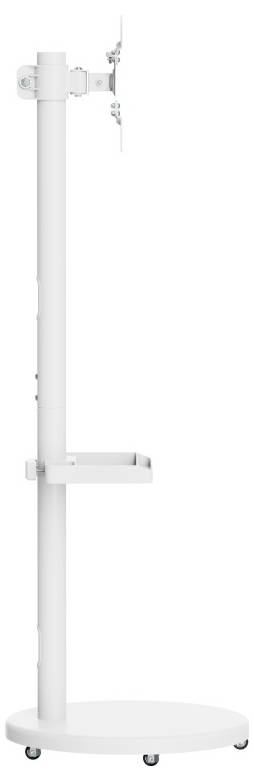 Ein weißer fahrbarer medizinischer Ausrüstungsständer mit kreisförmiger Basis, aufrecht auf vier Rädern stehend, entwickelt zum Halten von medizinischen Geräten.