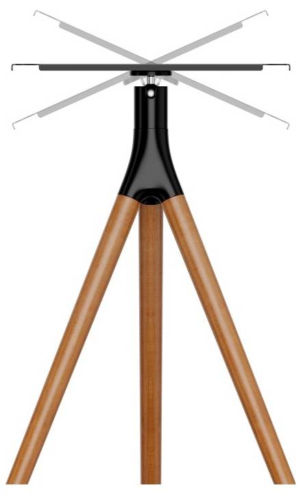 Holzernes und metallenes Stativ mit verstellbaren oberen Armen in verschiedenen Positionen, konzipiert zur Ausrüstungsunterstützung.