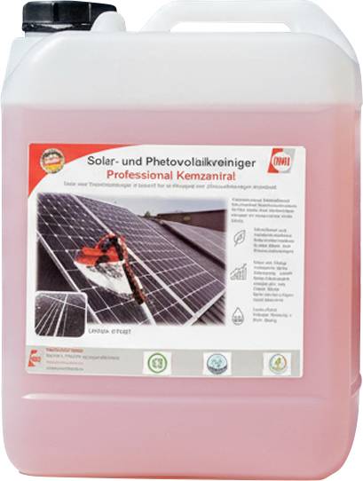 Kunststoffbehälter mit rosa Reinigungslösung mit der Aufschrift „Solar- und Photovoltaikreiniger