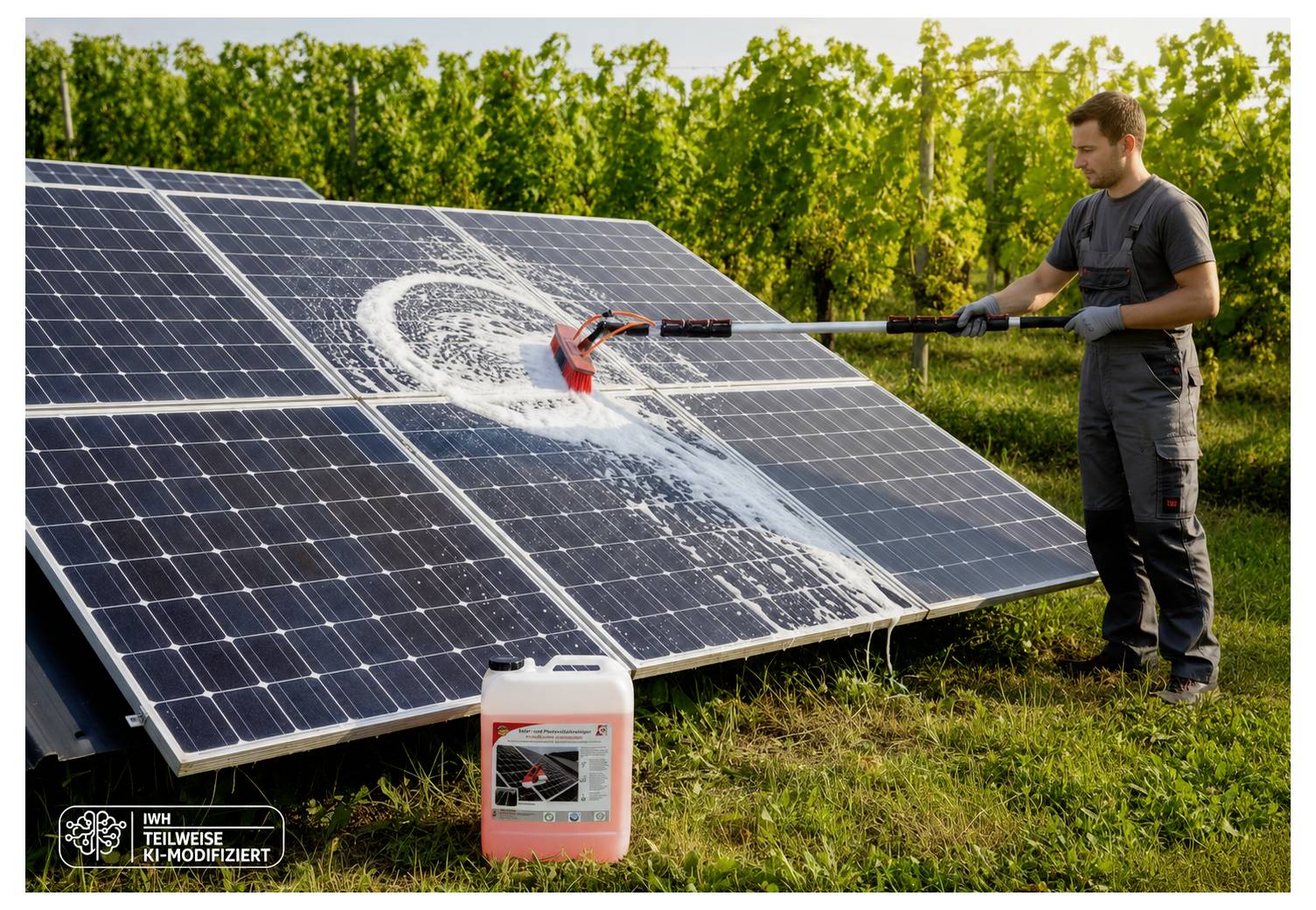 Ein Mann reinigt eine Solarmodulanlage mit einer Wasserspritze mit langem Griff; ein Behälter mit Reinigungsflüssigkeit steht auf dem Gras neben den Modulen.