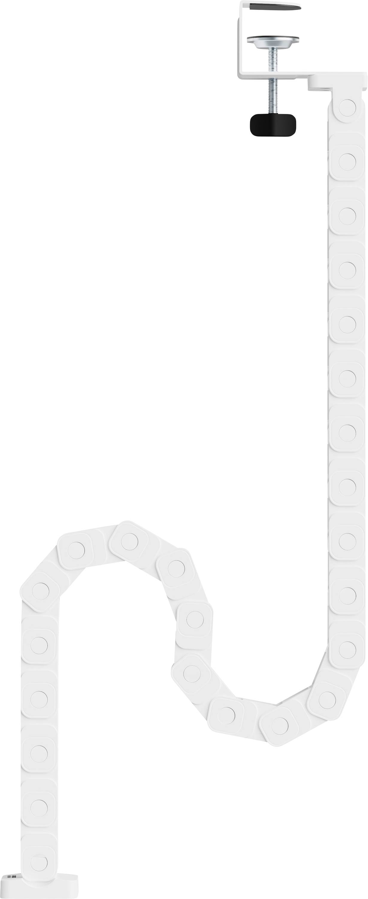 Weiße wandmontierte Zugschnur-Leuchte mit vertikalem Seil, hängender Schalter und artikuliertem Arm, der zu einem kleinen Lampenkopf führt.