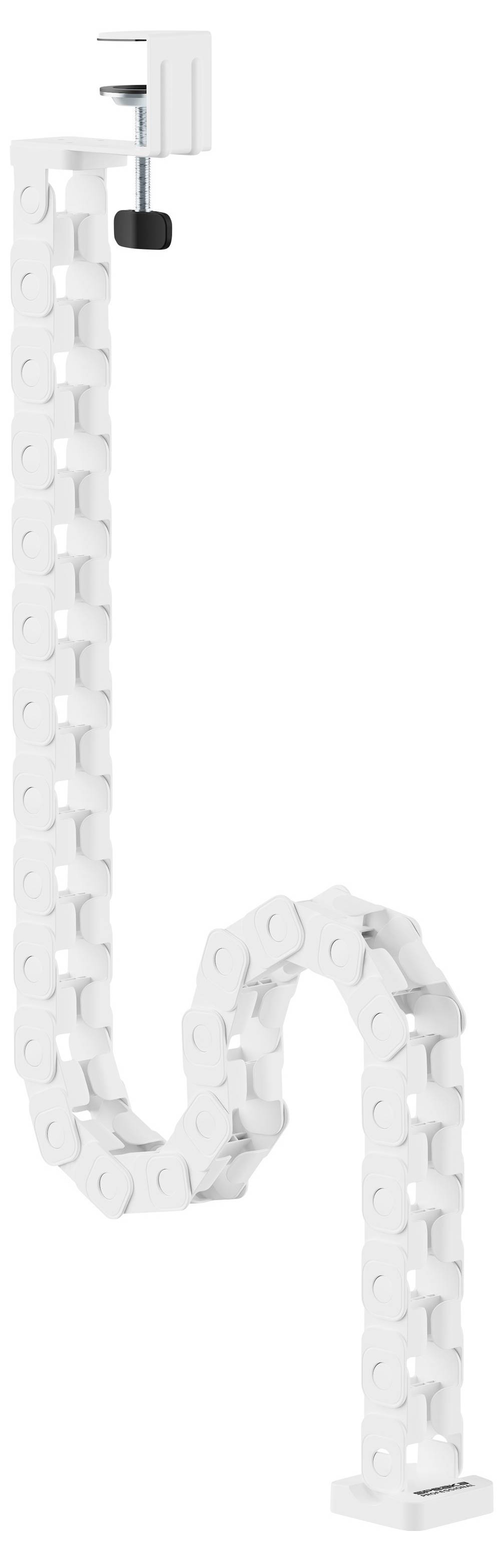 Weiße segmentierte Kabelführungskette zum Führen von beweglichen Kabeln, dargestellt in einer S-Form gebogen mit montierten Endbefestigungen auf einfachem Hintergrund