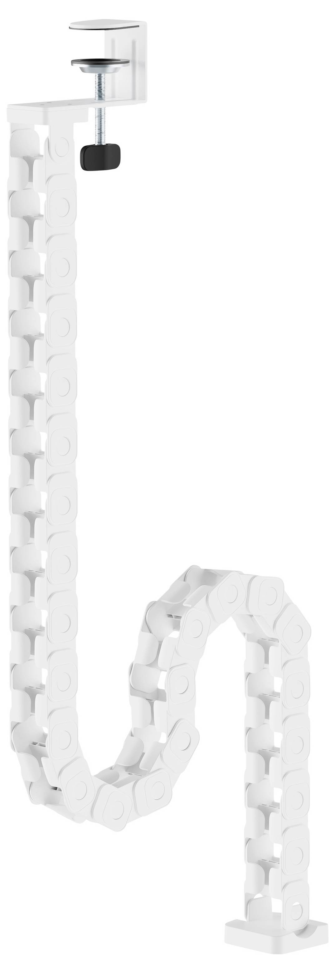 Weißer flexibler Duschablaufschlauch mit U-förmigem Siphon und Befestigungsclips, vertikal auf einfachem Hintergrund dargestellt.