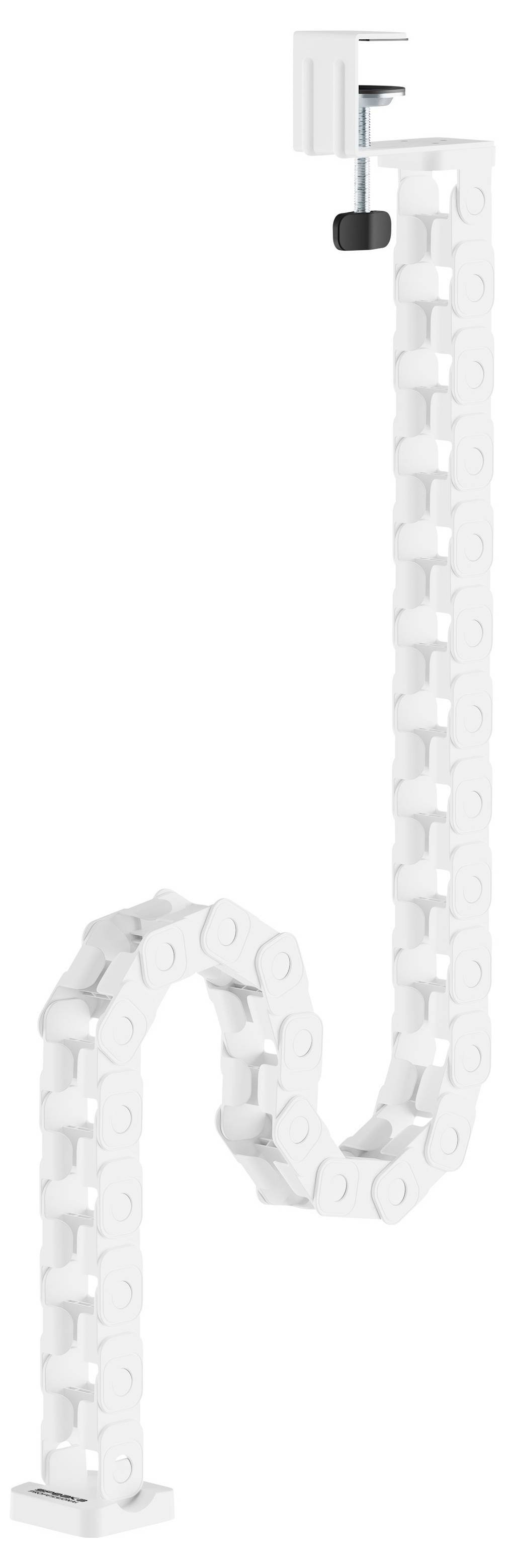 Weiß modularer gegliederter Arm oder flexibler Stützständer mit Gelenken, aufrecht vor einfachem Hintergrund gezeigt.