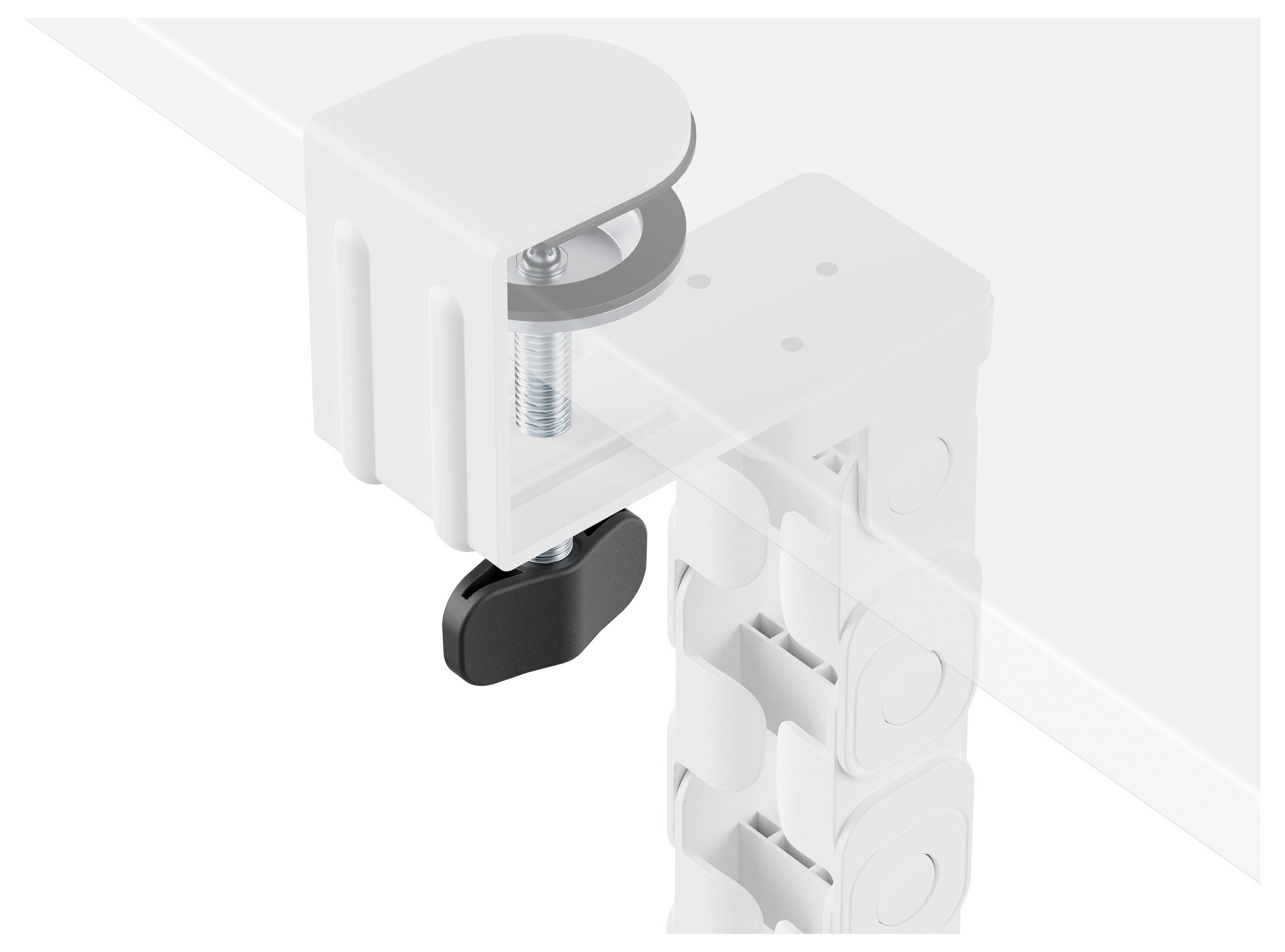 Nahaufnahme einer weißen verstellbaren Klemmhalterung, die an einer transparenten Schiene befestigt ist, mit sichtbarem schwarzem Verriegelungshebel und Schraubenmechanismus.