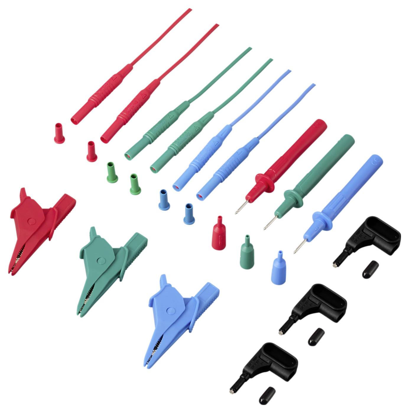 VOLTCRAFT MLSet-140 Messleitungs-Set Steckanschluss 4mm Krokoklemmen, Prüfspitze, Steckanschluss 4mm 1.5m Rot, Blue, Grün 1St.