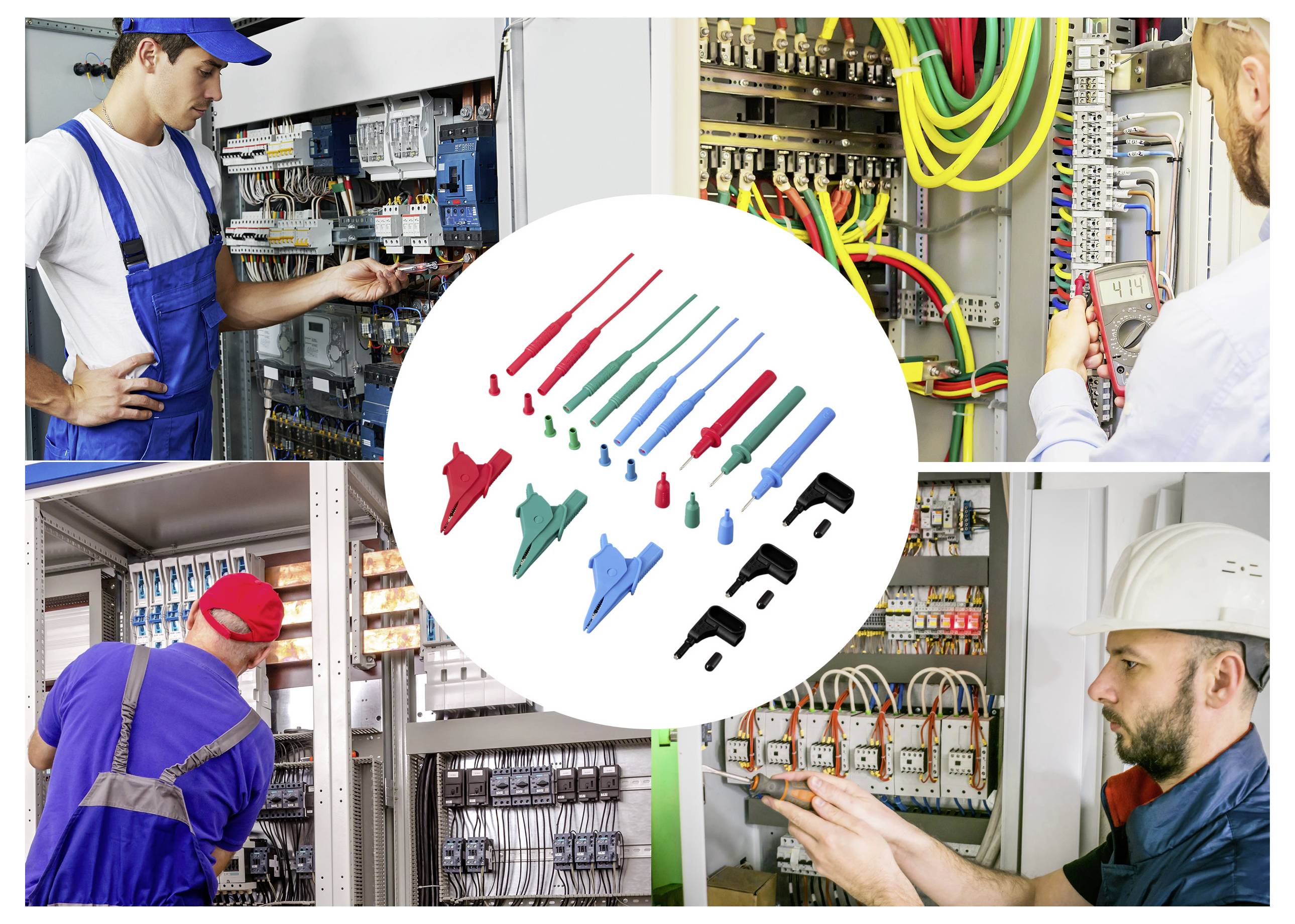 Collage von Elektrikern bei der Wartung von Schaltschränken, mit verschiedenen isolierten Messspitzen und Klemmen in der Mitte dargestellt.