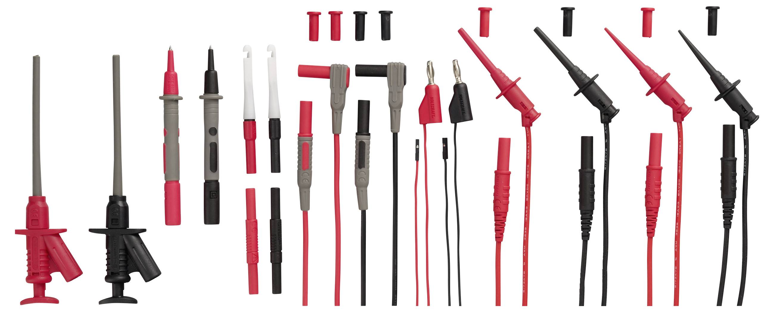 Sortierte Multimeter-Prüfkabel und Leitungen in Rot, Schwarz, Grau und Weiß, dargestellt in verschiedenen Konfigurationen mit unterschiedlichen Prüfspitzten und Kabeln.