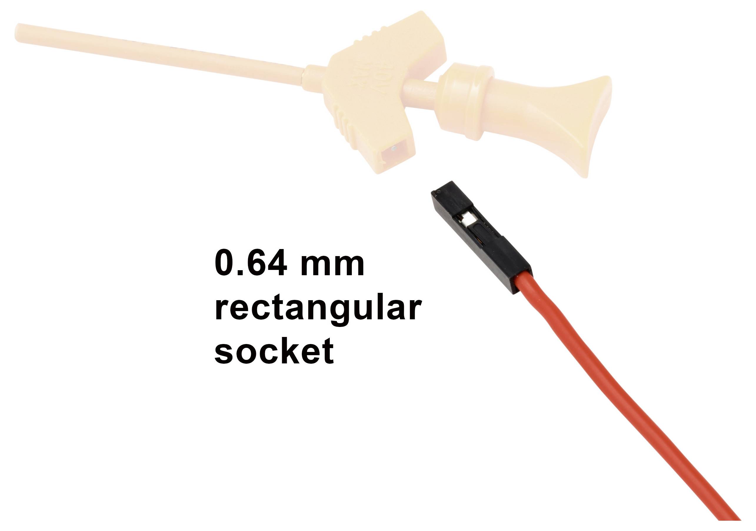 Stecker mit rechteckigem Sockel von 0,64 mm auf einem roten Kabel, mit einem verblassten Vergleichsbild eines ähnlichen Steckers darüber.