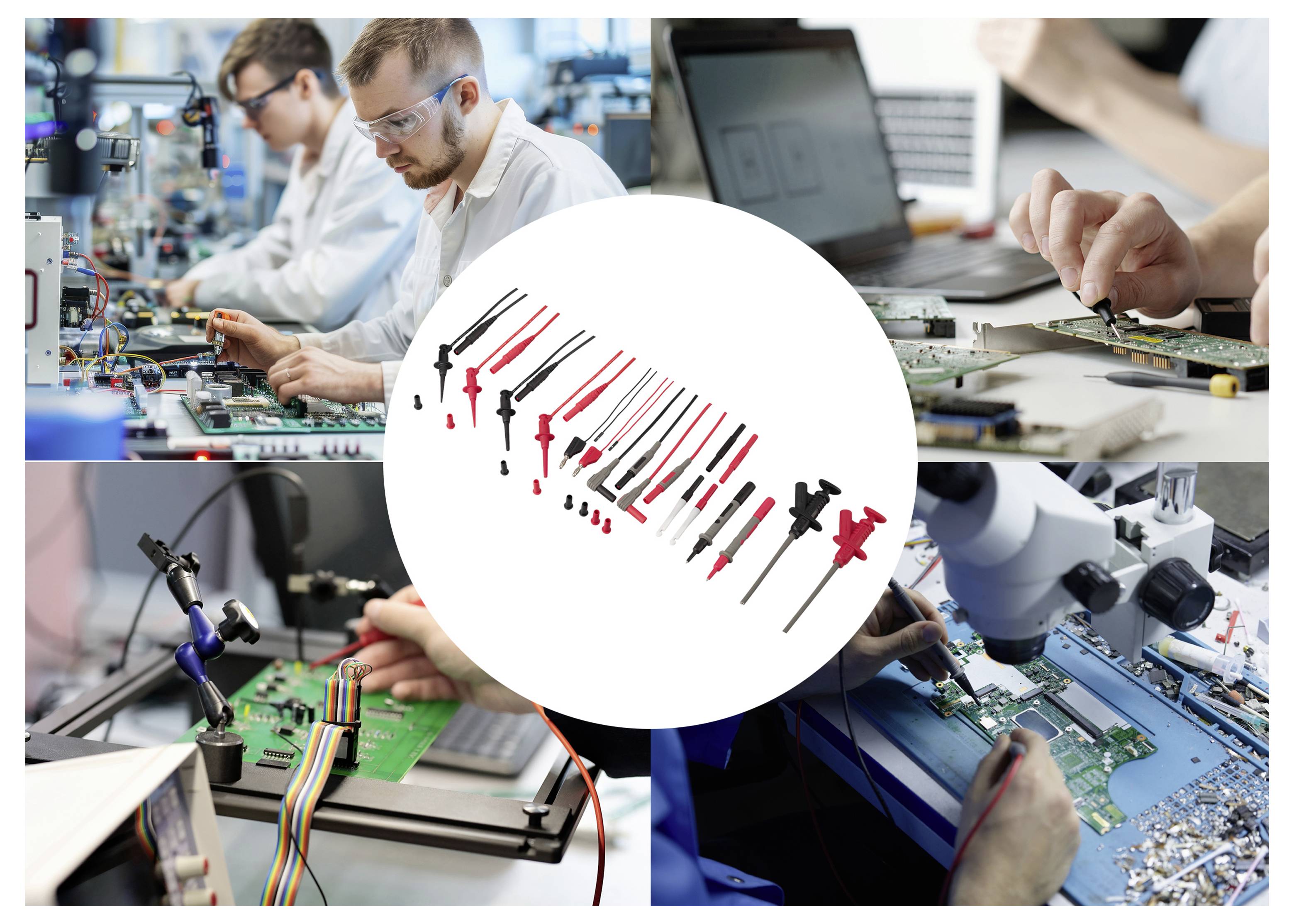 Collage von Technikern, die Leiterplatten in einem Labor reparieren, mit einem zentralen Kreis, der eine Auswahl an Schraubendrehern und Präzisionswerkzeugen zeigt.