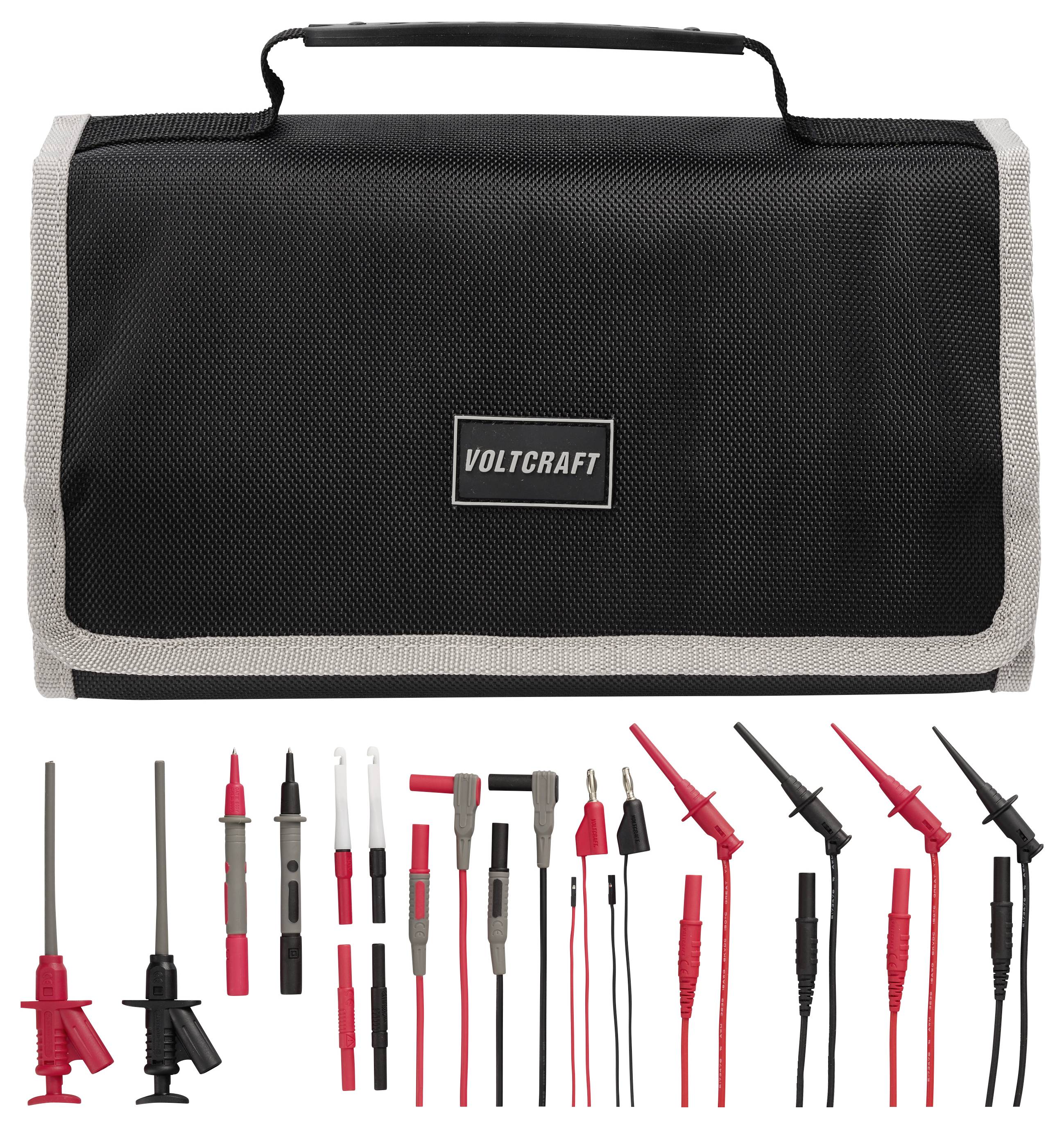 Voltcraft Transportkoffer mit einem Satz Messleitungen und Multimeter-Prüfspitzen in Rot, Schwarz und Grau.