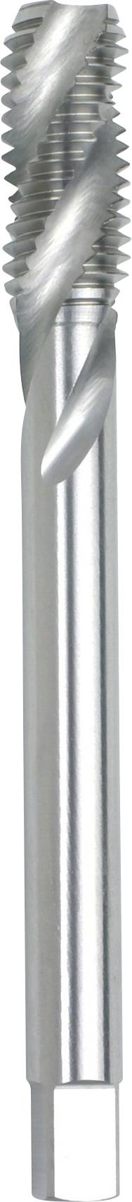 Ein Nahaufnahmebild eines Metallschneidewerkzeugs mit spiralförmigen Nuten, wahrscheinlich ein Gewindebohrer oder Bohrer, der zum Bearbeiten von Gewinden in Materialien verwendet wird.