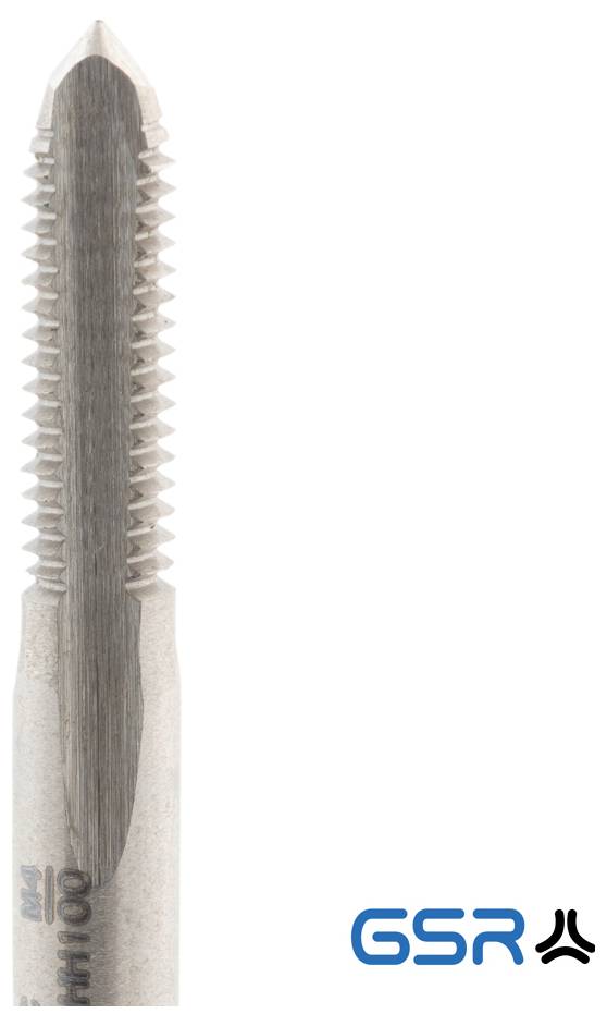 Ein Metallschneidewerk zeug mit scharfen Graten und spitzem Ende, das zum Gewindefurchen in Materialien verwendet wird; GSR-Logo in Blau unten rechts.