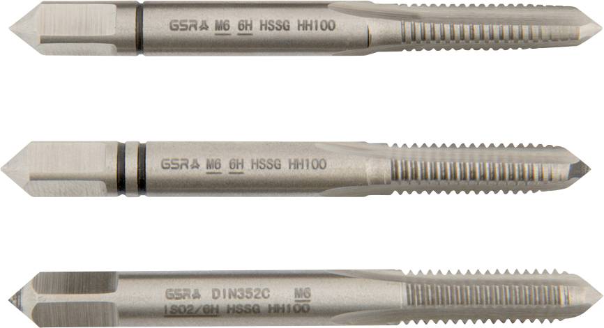 Drei Metallgewindebohrer mit unterschiedlichen Designs, bezeichnet mit „GSR
