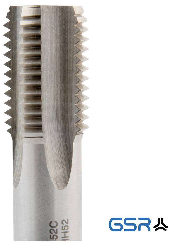 Nahaufnahme eines Metallschneidewerkzeugs mit scharfen, spiralförmigen Zähnen, teilweise sichtbare Seitenansicht; GSR-Logo in der unteren rechten Ecke.