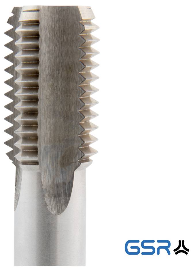 Nahaufnahme eines Metallschneidewerkzeugs mit scharfen, spiralförmigen Rillen. Das „GSR