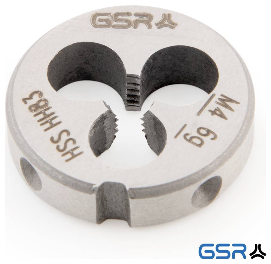 Gewindeschneider-Werkzeug, Metallschaft mit Schneidkanten, verwendet zum Erzeugen von Gewinden in Materialien. GSR-Logo unten rechts.