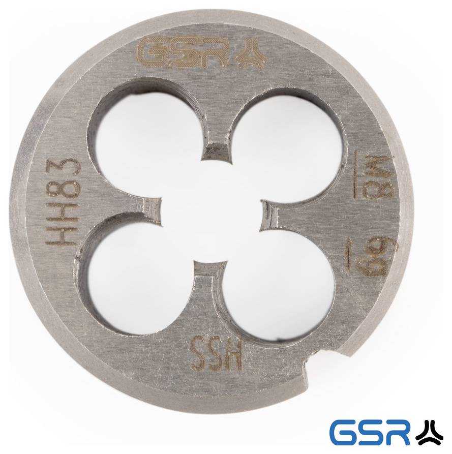 'GSR' runde Metallmatrize mit vier Löchern, beschriftet mit 'M8 69,' 'HH83,' und 'SSH.'