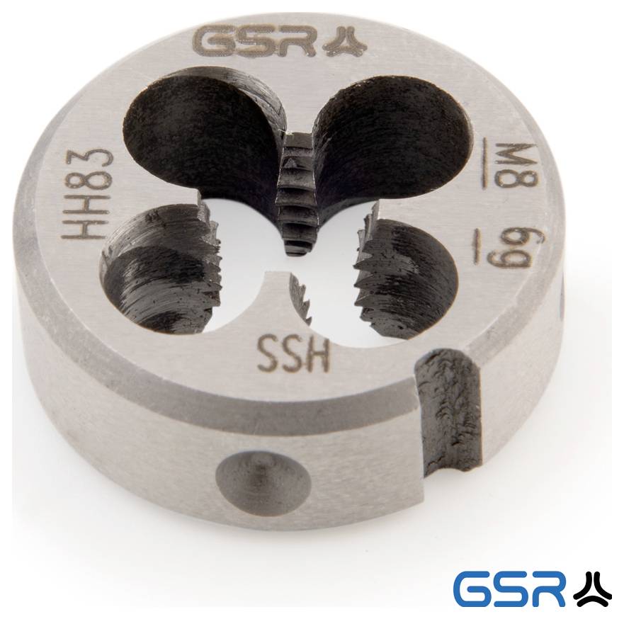 Eine runde Metallgewindeschneideisen mit der Bezeichnung GSR, M8, 6g, HSS, mit inneren Gewindeschlitzen, wird zum Gewindedrehen von Stangen in mechanischen Anwendungen verwendet.