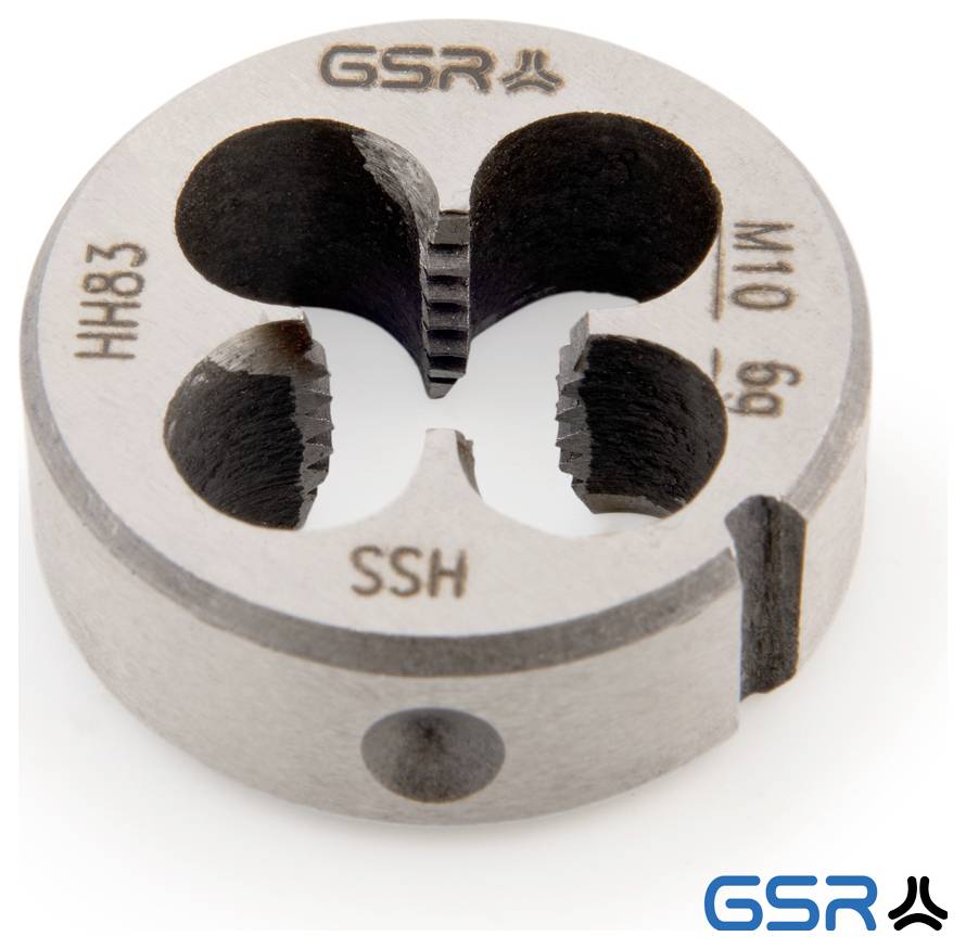 Ein rundes Metallgewinde-Schneidwerkzeug von GSR mit Nuten, gekennzeichnet mit „HH83 HSS M10 6g