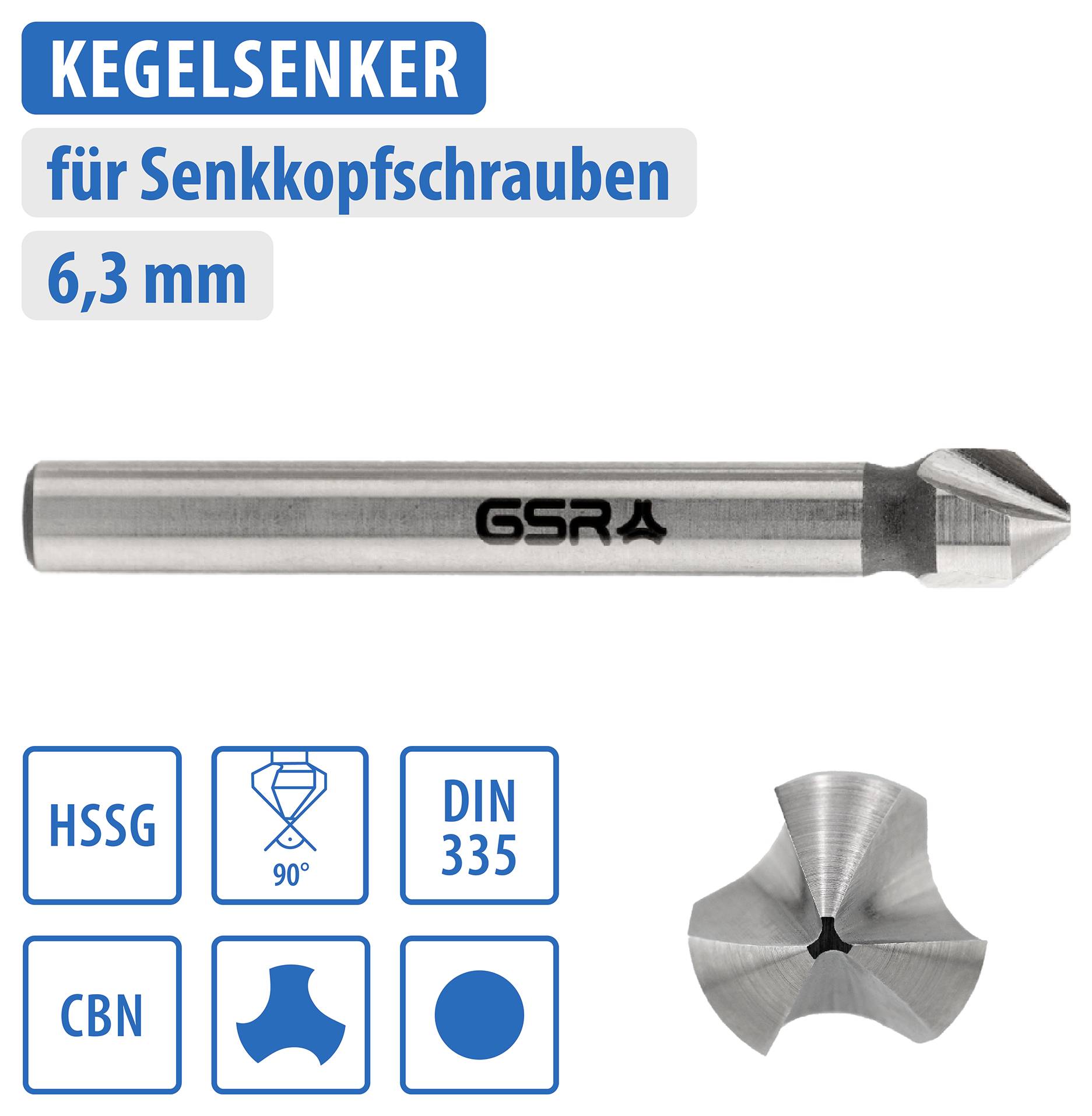 Kegelsenker aus Stahl, 6,3 mm, für Senkkopfschrauben. Ideal für präzise Bohrungen. Enthält Symbole: HSSG, 90°, DIN 335, CBN.