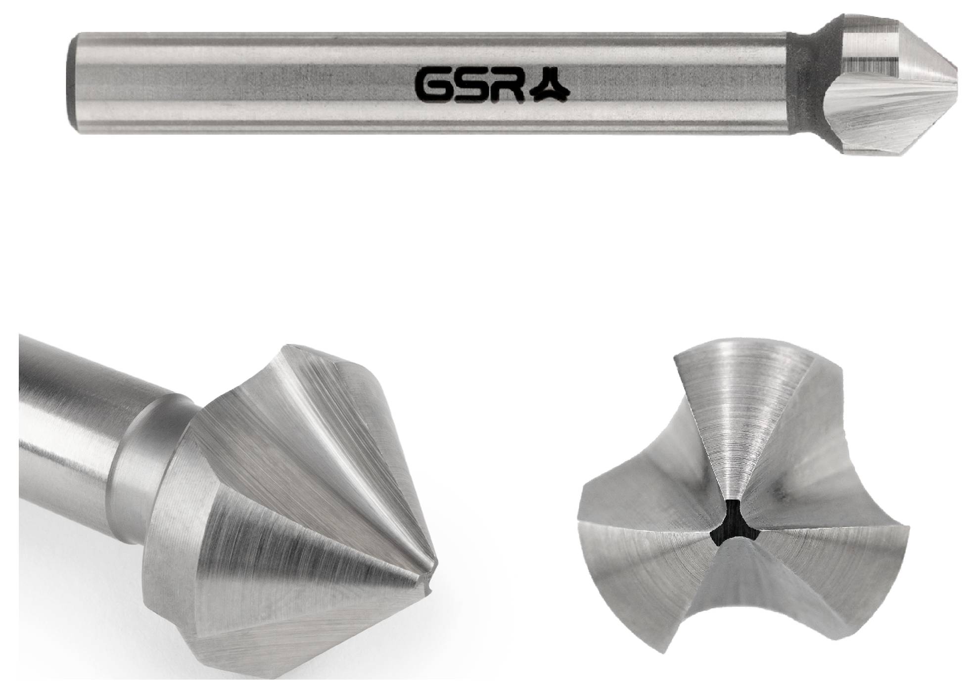 Ein dreischneidiges Versenkbohrer mit zylindrischem Schaft, metallisch silberfarben, mit der Aufschrift „GSR