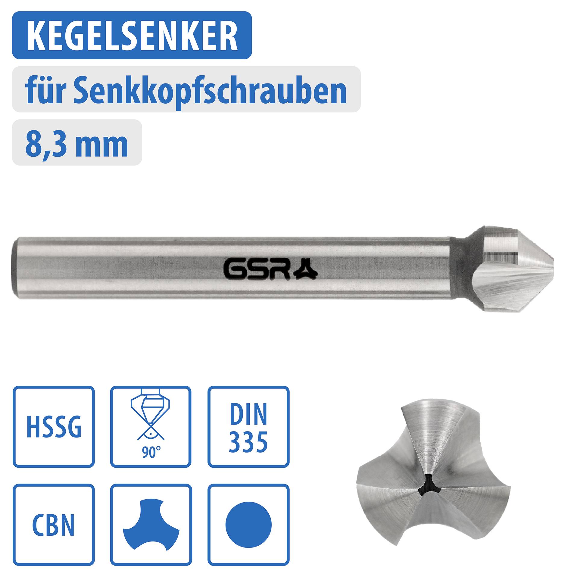 'Kegelsenker, 8,3 mm' für Senkkopfschrauben, mit Markierungen: HSSG, 90 Grad, DIN 335, CBN. Darstellung des Werkzeugs und Schneideprofils.