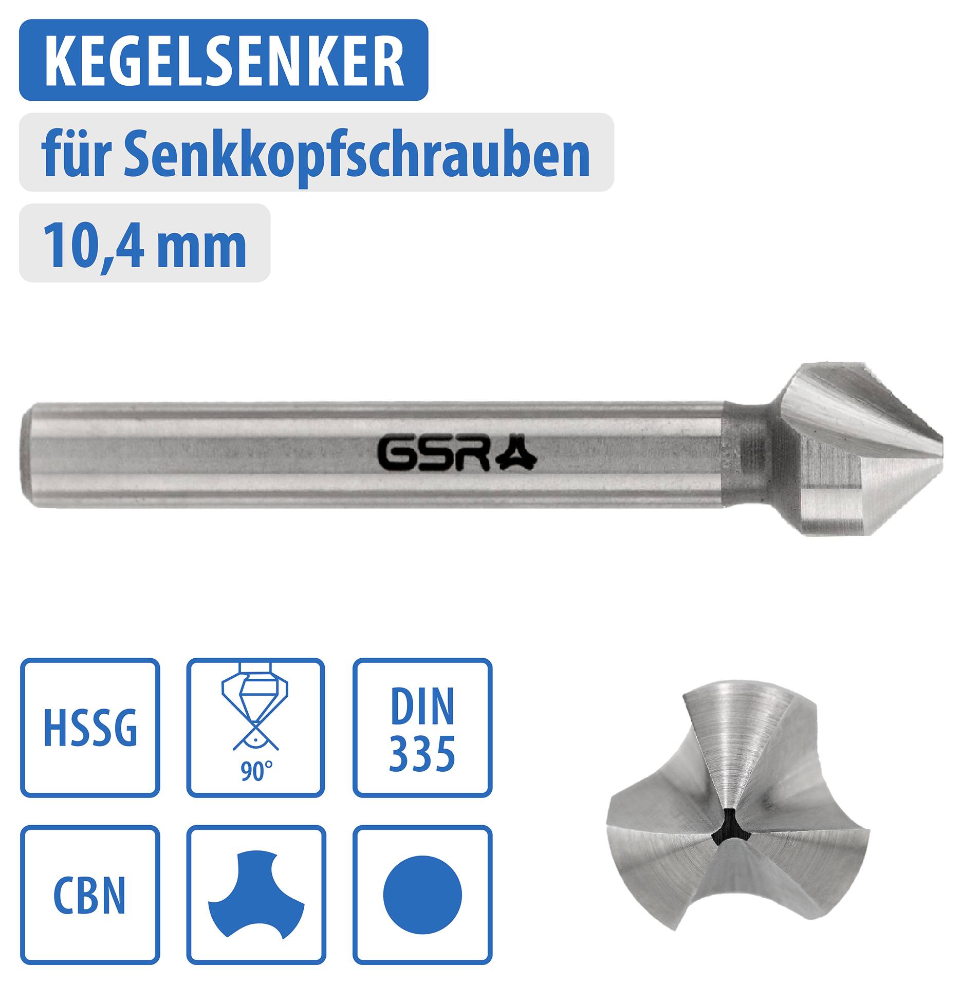 Metallsenkbohrer, gekennzeichnet mit 'Kegelsenker für Senkkopfschrauben 10,4 mm'. HSSG und CBN Symbole, DIN 335 konform.