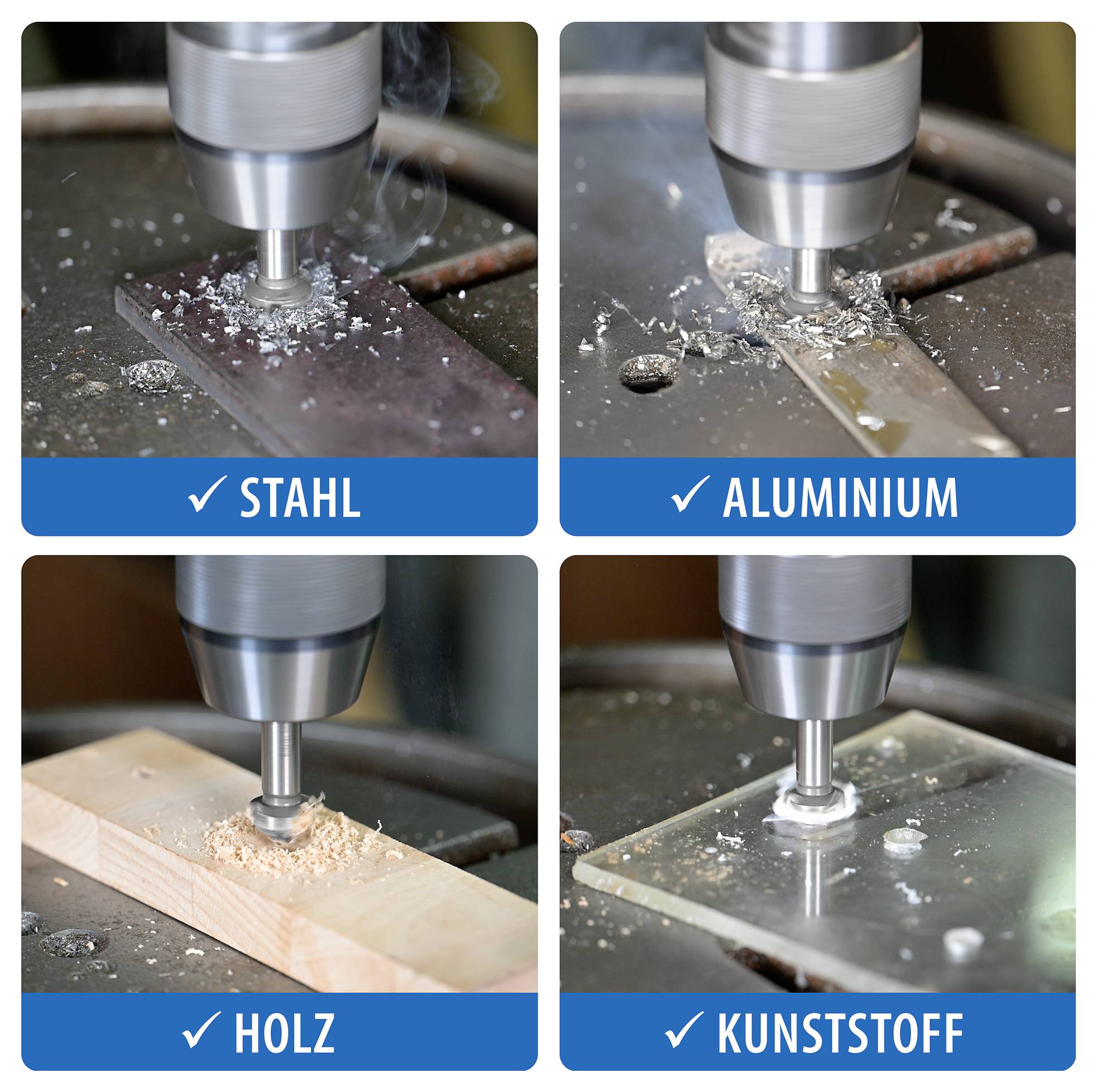 Vier Bilder zeigen Bohrvorgänge in verschiedenen Materialien: Stahl, Aluminium, Holz und Kunststoff. Jede Aufnahme zeigt Späne beim Bohren.