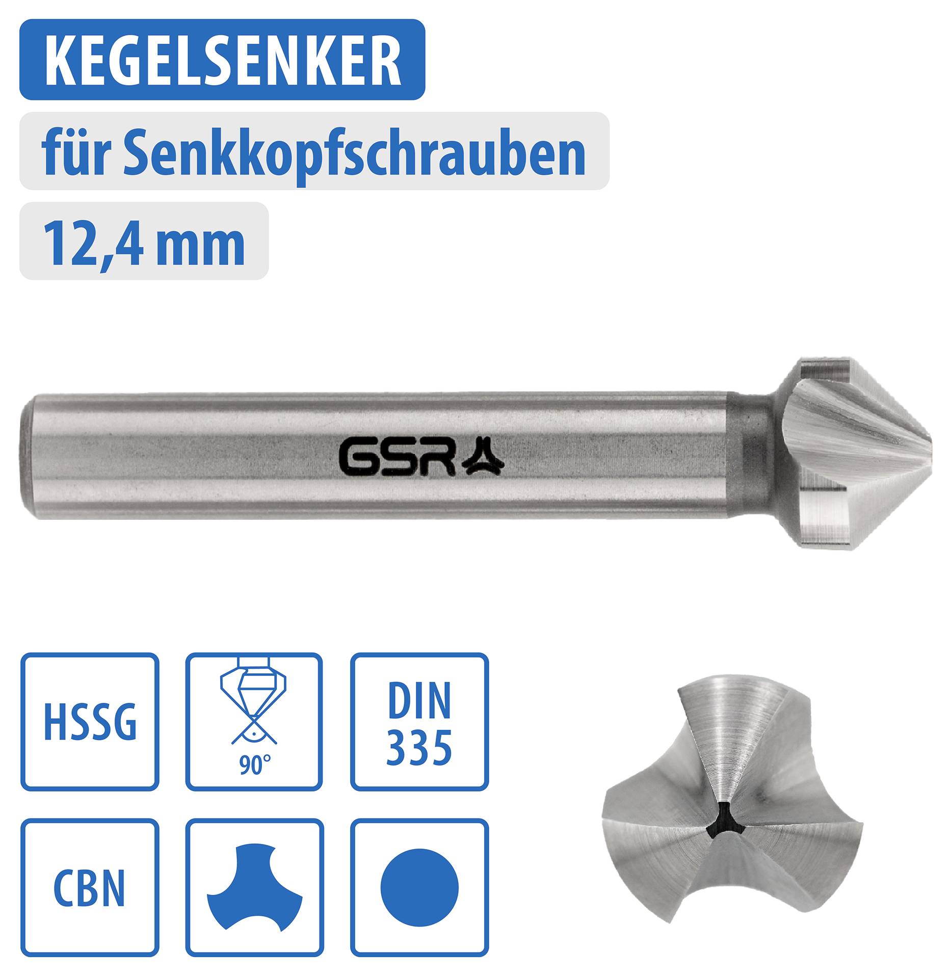 Edelstahl-Kegelsenker für Senkkopfschrauben, Durchmesser 12,4 mm. Enthält Symbole für HSSG, DIN 335, 90°, und CBN.