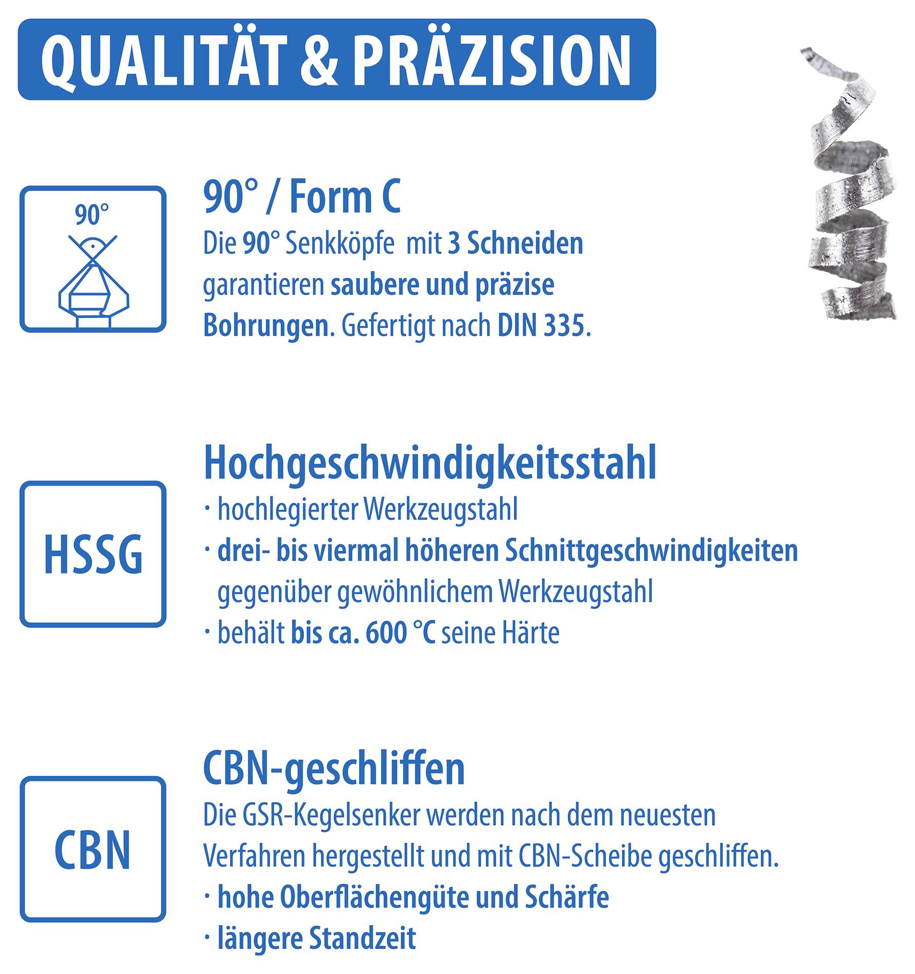 'Qualität & Präzision'. Beschreibung von 90° Senkkopf und Materialien: HSSG für hohe Schnittgeschwindigkeit und CBN für Langlebigkeit.