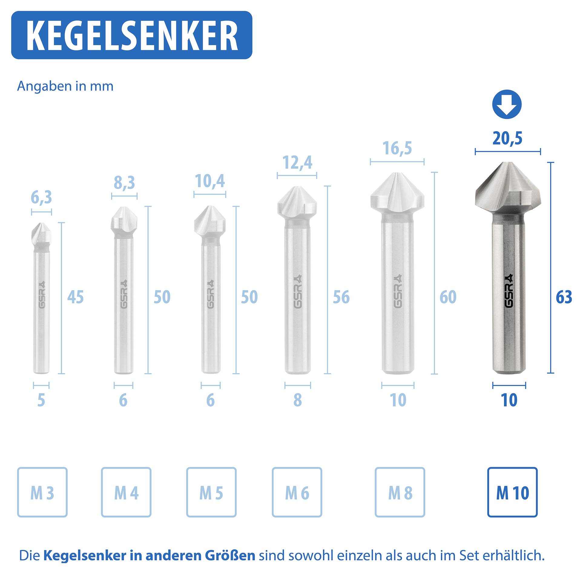 Kegelsenker in verschiedenen Größen M3 bis M10, mit Längen und Durchmessern, hervorgehobene Größe: M10, 63 mm Länge, 20,5 mm Kopf.