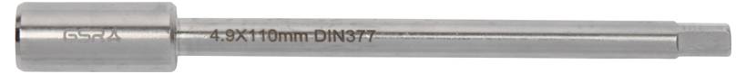 Ein zylindrisches Werkzeug mit der Bezeichnung '4,8x110mm DIN 371', ausgestattet mit einem Metallschaft und einem strukturierten Kopf, verwendet für technische Anwendungen.