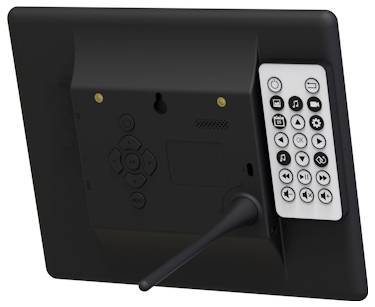 Ein schwarzes elektronisches Gerät mit einem Bildschirm, einer hinteren Bedienplatte und einer Antenne. Die Seite verfügt über ein Bedienfeld mit verschiedenen Symbolen zum Betrieb.