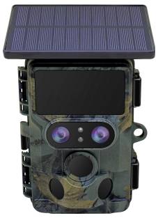 Bild einer Wildkamera mit Tarnmuster und Solarpanel auf der Oberseite, ausgestattet mit Doppeloptik und Bewegungssensoren zur Wildtierüberwachung.