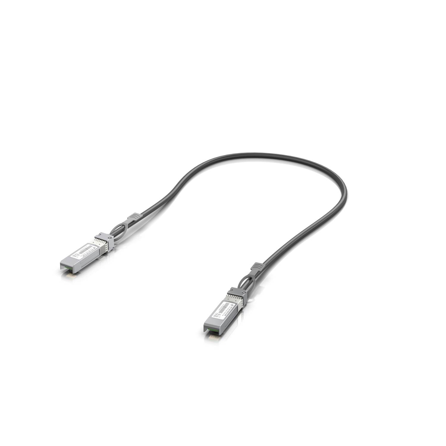 Ein kurzes, schwarzes Kabel mit Steckverbindern an beiden Enden, das zur Datenübertragung zwischen Geräten verwendet wird, vor weißem Hintergrund.