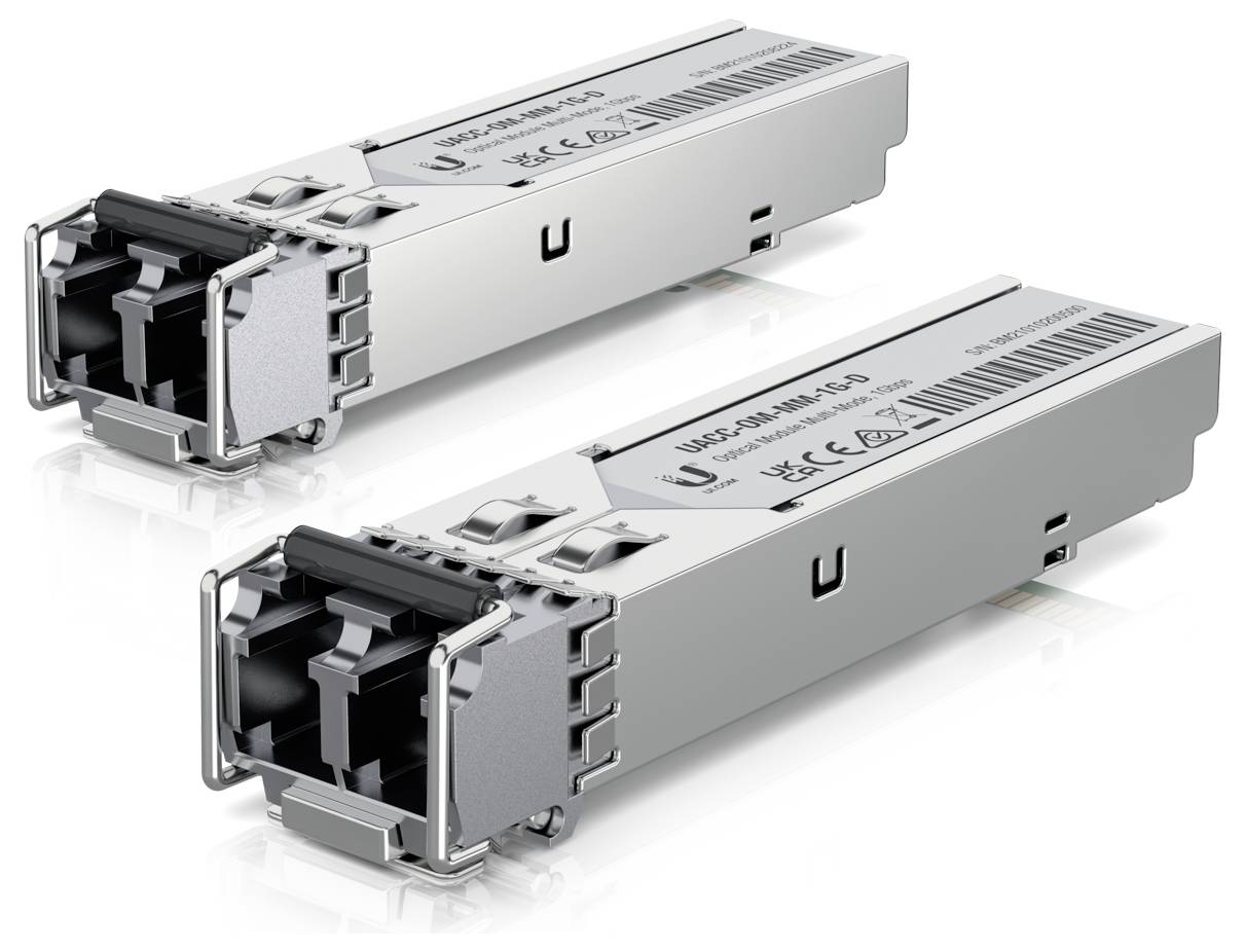 Zwei Ubiquiti UF-SM-10G SFP+-Module für Glasfaserverbindungen, dargestellt mit doppelten Anschlüssen und metallischem Gehäuse.