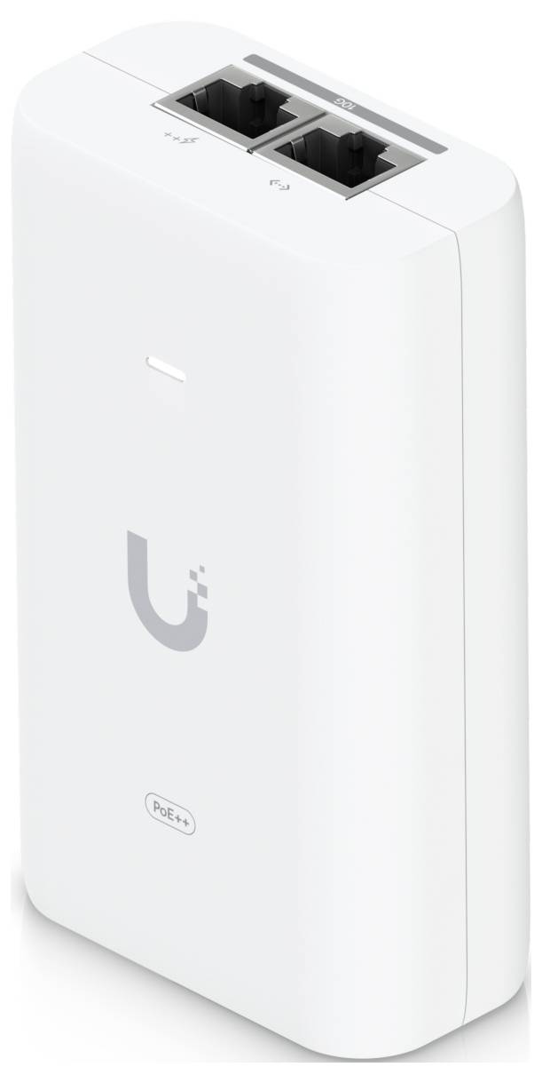Ein weißes Netzwerkgerät mit zwei Ethernet-Anschlüssen und einem Logo „U
