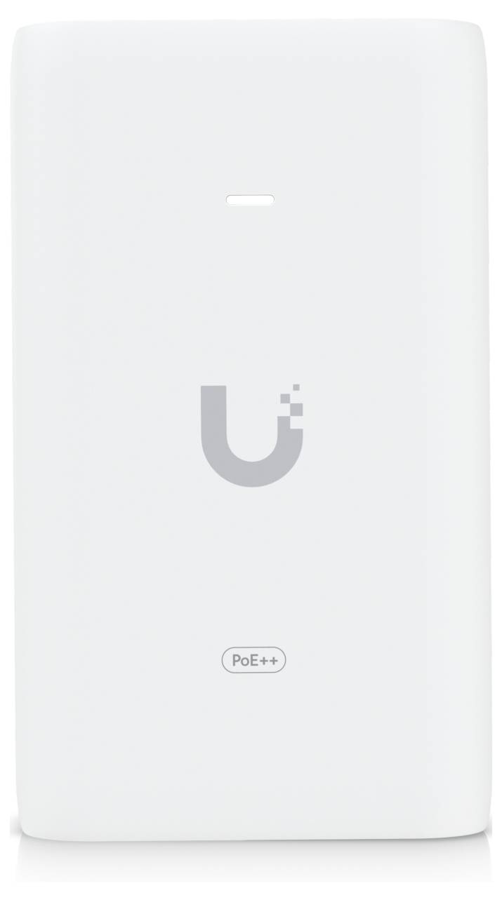 Ein weißes Netzwerkgerät von Ubiquiti mit Logo und 