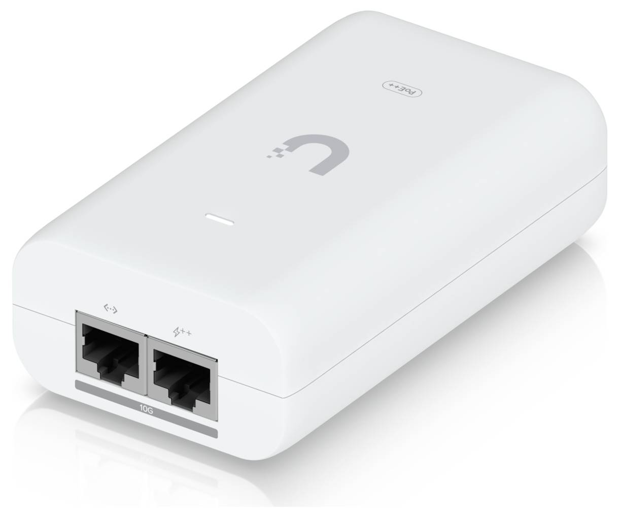 Ein weißes Netzwerkgerät mit Stromeingang auf der linken Seite und einem Ethernet-Anschluss auf der rechten Seite.