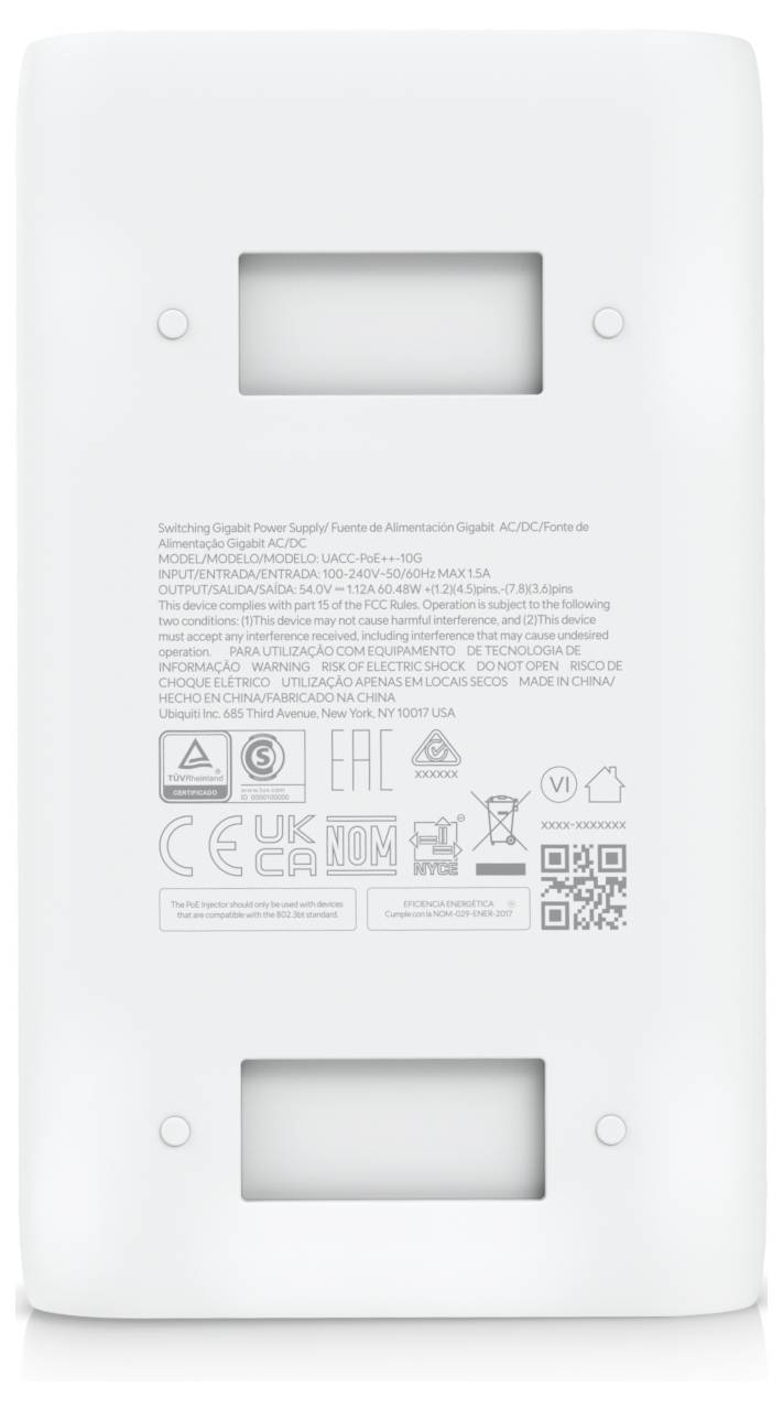 Das Bild zeigt die Rückansicht eines weißen rechteckigen elektronischen Geräts mit einem zentral vertieften Bereich und strukturierten Nuten.