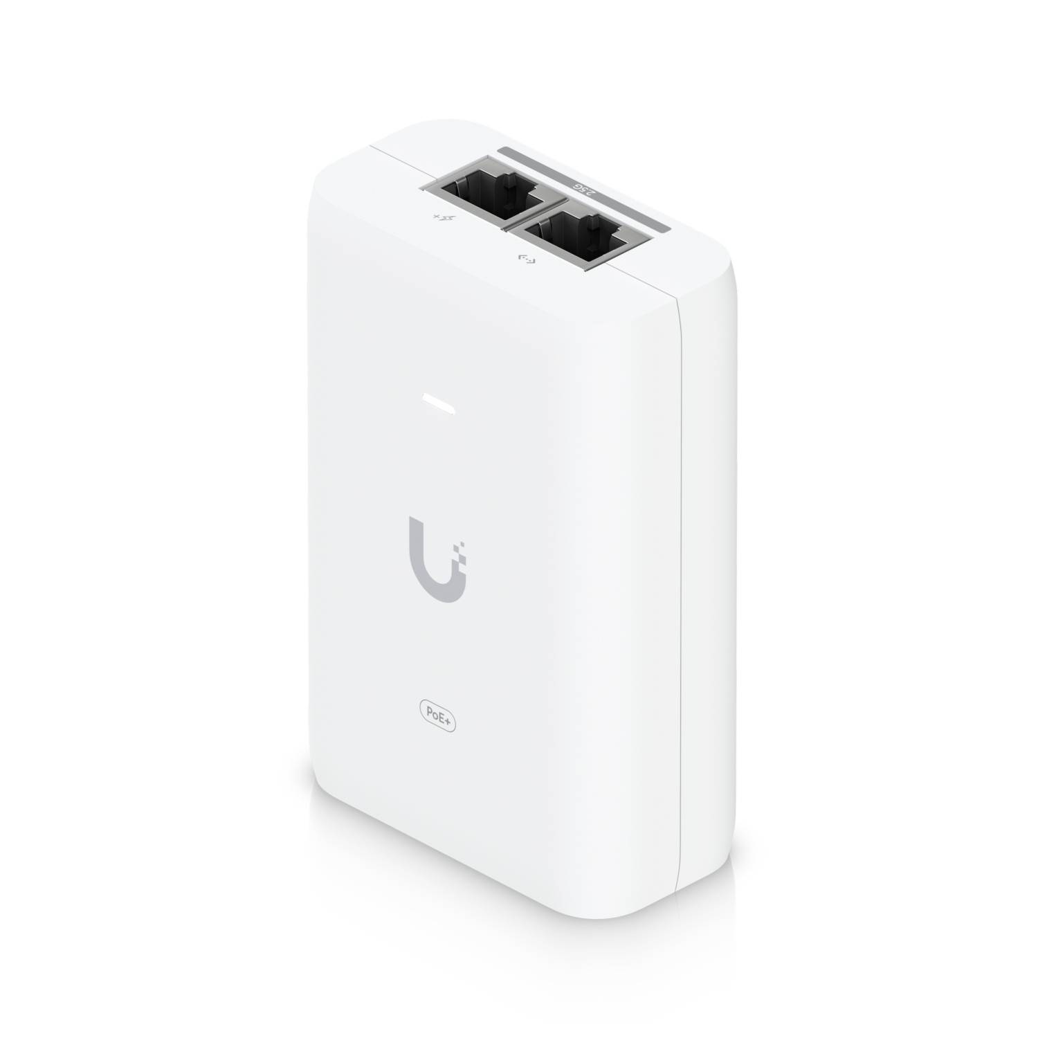 Ein weißer Netzwerkadapter mit zwei Ethernet-Anschlüssen und einer Stromanzeige auf der Vorderseite. Er verfügt über das Logo des Herstellers.