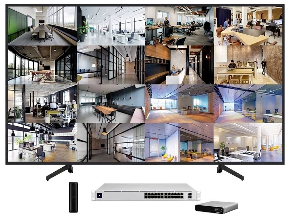 Ein großer Bildschirm zeigt verschiedene Bilder von modernen Büroräumen. Darunter werden Netzwerkgeräte wie ein Switch und ein Router angezeigt.