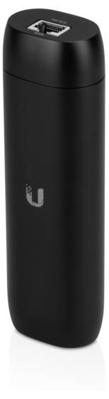 Ein schwarzer zylindrischer Wi-Fi-Adapter mit einem Ethernet-Anschluss oben und einem Logo auf der Seite.