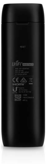 Ein schwarzes UniFi-Gerät, das aufrecht steht, mit Texten und Symbolen, die Modellspezifikationen anzeigen, einschließlich HDMI- und Zulassungslogos.